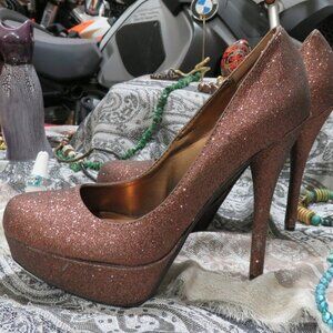 BOGO JustFab Metallic Copper Pewter Sparkle platform peep toe stiletto heels 9